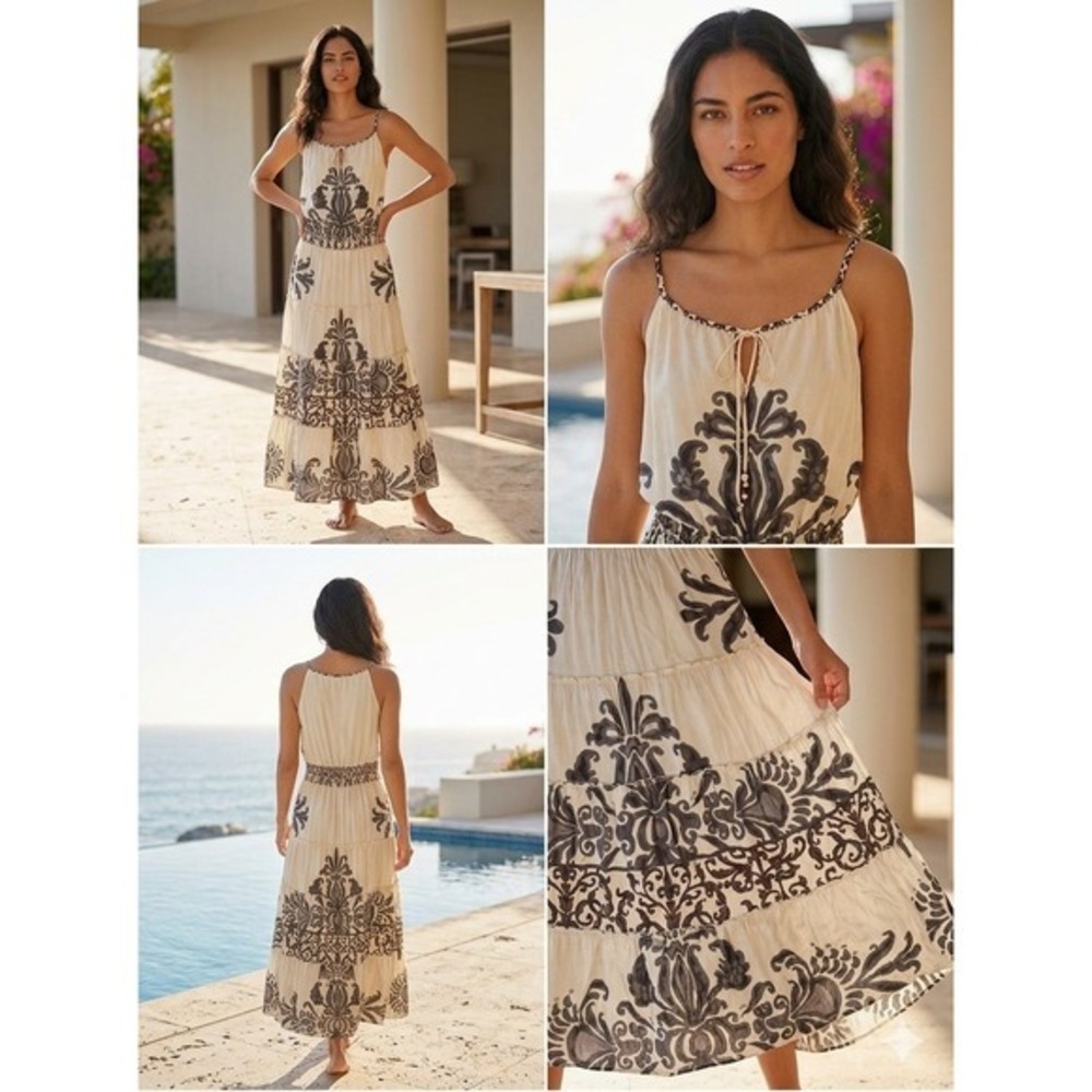 Luxury Boho Silk Damask Geometric Tiered Resort Maxi Dress Hale Bob NWT XS - Picture 10 of 10